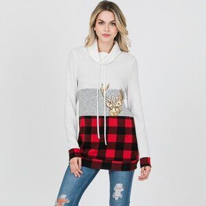 Red Buffalo Plaid Reindeer Sequin Cowl Neck Sweater